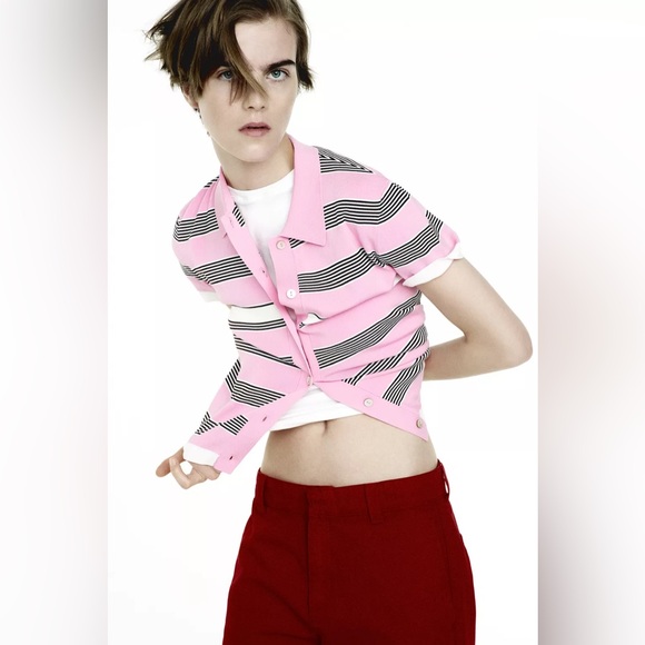 Zara Tops - ZARA Pink Stripped Knit Polo Neck Top